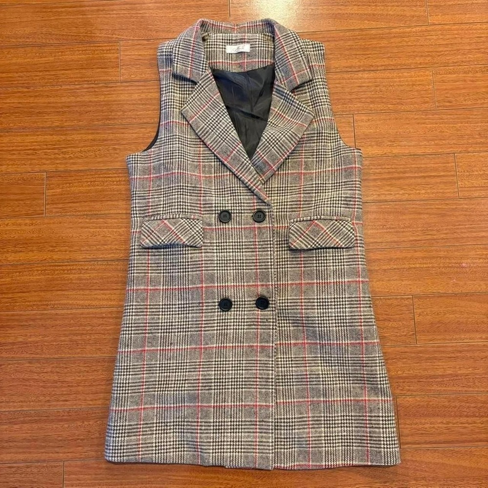 Nendu Tan Red Plaid Sleeveless Blazer Dress Dark Academia Librarian Core Tweed
